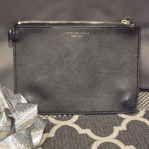 Tory Burch Black Leather Zip Pouch with Gold Logo